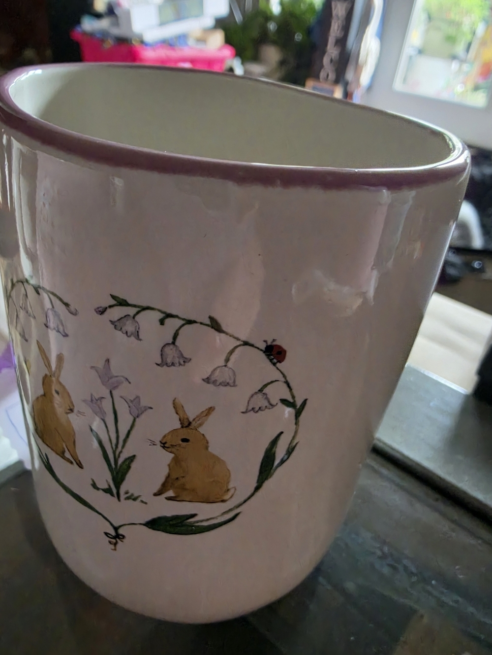 Ceramic Bunny Floral Mug with Pink Rim